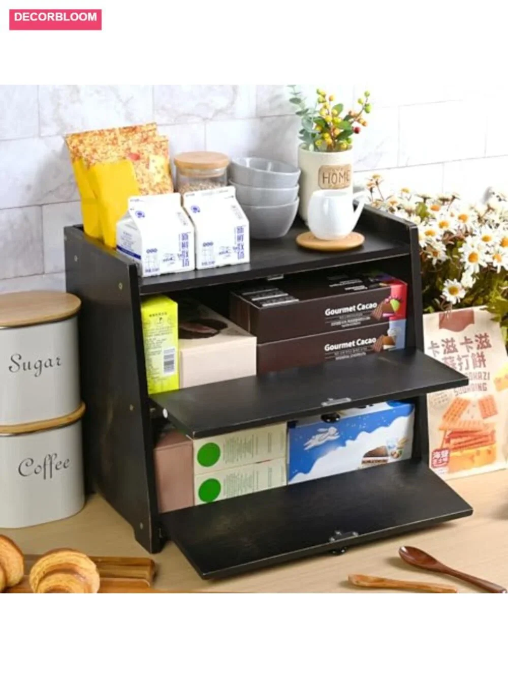 2-Tier Bamboo Bread Box for Kitchen Countertop Storage with Doors